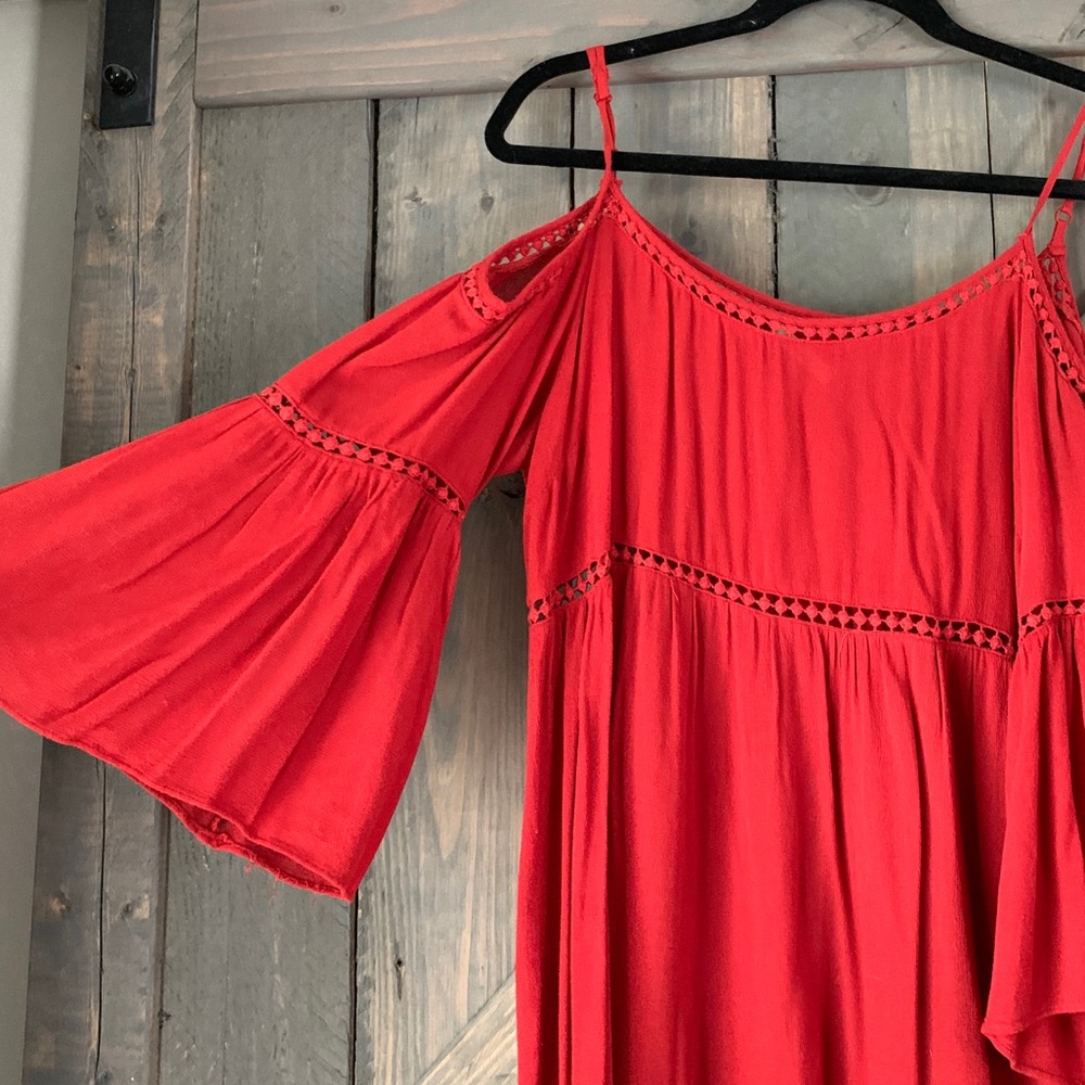 Soprano burnt orange over the shoulder dress